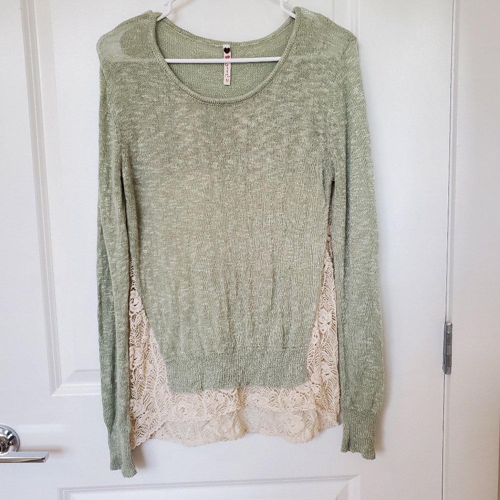 Poof! Green Knit Sweater with Lace Back